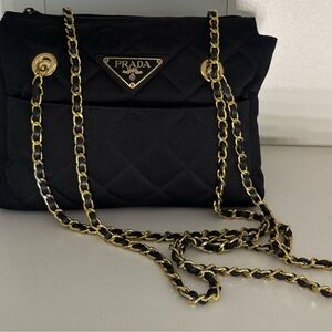 Prada Black Quilted Shoulder Bag with Gold Chain